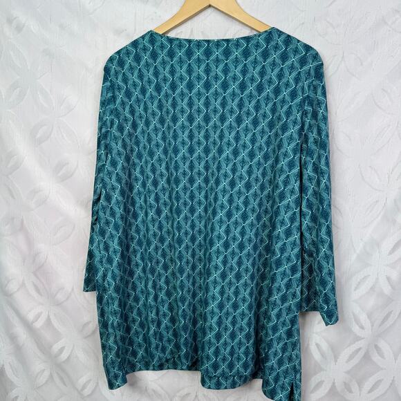 L.L. BEAN Split Neck Pima Cotton Tunic Deep Turquoise Geo Top Size 2X - Picture 3 of 10